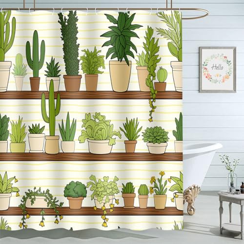 Green Cactus Pot Shelf Bathroom Shower Curtain 72x72 Inch with Hooks - Waterproof Fabric
