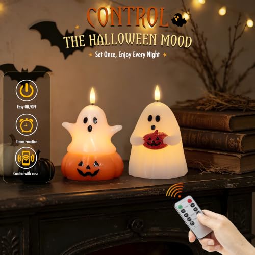 Halloween Ghost Pumpkin Flameless Candle Set - Cute Ghost Decor with Remote - 2 Pack