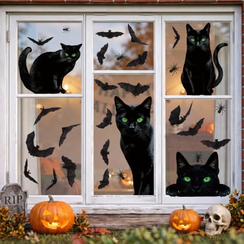Halloween Window Clings - Large Black Cat, Bat & Spider Silhouette Decals