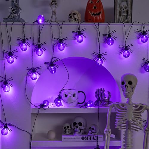 Large Purple Spider Halloween String Lights with Timer - Battery Powered Waterproof Decor