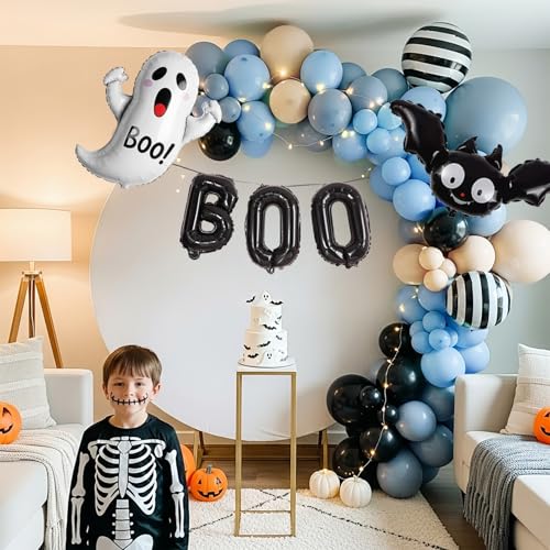 Blue Halloween Trunk or Treat Car Decorations with Ghost & Bat Foil Balloons - Halloween Blue Black