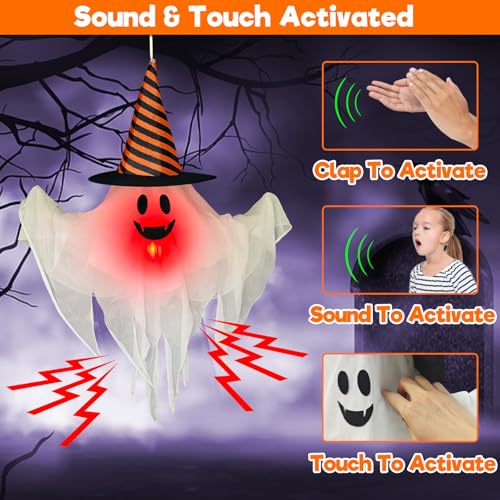 Halloween Ghost Animatronic Hanging Decoration with Sound & Lights - Creepy Ghost with Witch Hat - 20x27 Inch - Battery Operated - Spooky Outdoor Halloween Decor - Variation: Halloween Ghost