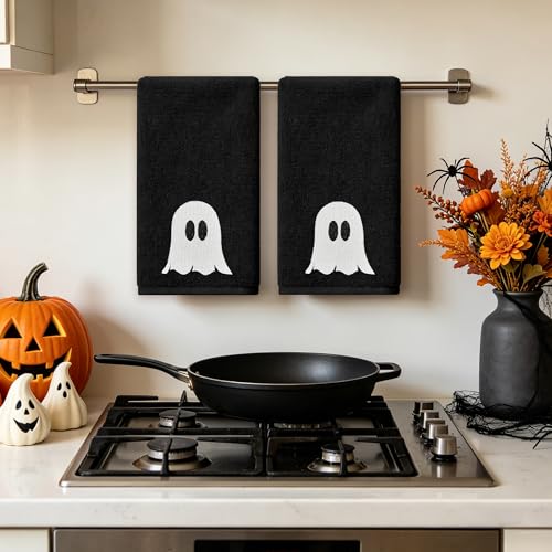 Halloween Hand Towels Set - 14x30 Inch Embroidered Ghost Bathroom Decor - Hexagram