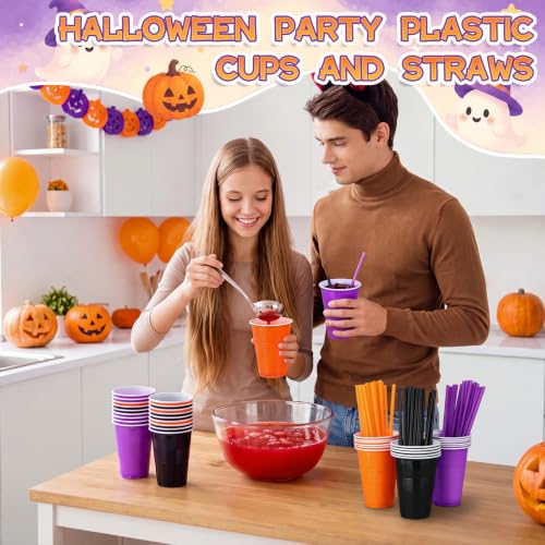 Halloween Disposable Plastic Cups with Straws - 120 Pcs Orange Black Purple