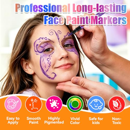 Face Painting Markers Set with 138 Stencils, Water-Resistant Glitter & Matte Ink