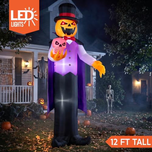 Giant Halloween Inflatable Pumpkin Ghost with Skull & Glowing LED Eyes - 12FT Yard Decoration - Multicolor