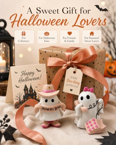 Pink Howdy Boo Ghost and Telephone Resin Halloween Figurines Set - Cute Ghost Decor