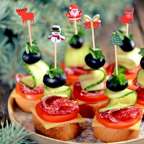 Christmas Toothpicks Pack - 100 Natural Bamboo Cocktail Picks with Holiday Designs