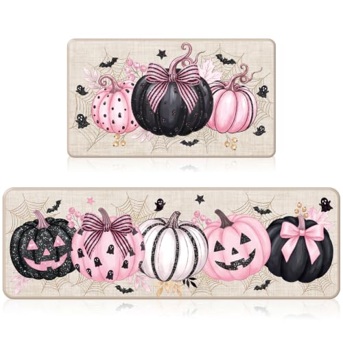 Pink Pumpkin Halloween Kitchen Mats Set of 2 - Feminine Fall Rugs
