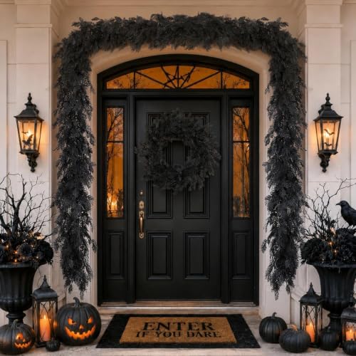Halloween Garland 8.9FT Black Artificial Decor for Mantle Fireplace & Porch - Real Touch Cedar Cypress Pine - Variation 1