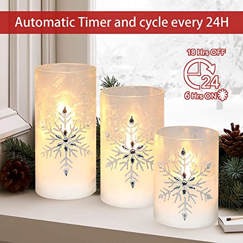 MELTONE Christmas Snowflake LED Flameless Candles Set - Warm White Flickering Wax Candles with Remote