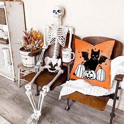 Halloween Throw Pillow Covers Set of 4 - 16x16 Orange Fall Decor with Skeleton Cat Ghost Pumpkin