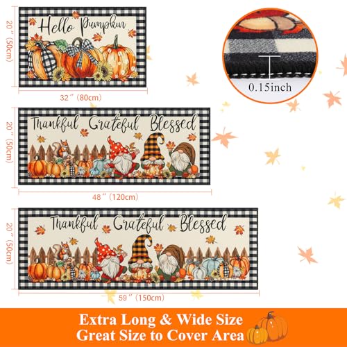 Fall Kitchen Rug Set of 3 - Gnomes, Pumpkins & Maple Leaves, Washable, Non Slip, Low Profile