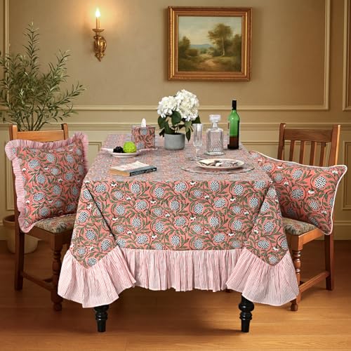 Dark Salmon Pink Cotton Ruffle Hand Block Print Tablecloth 60x60 Square - Ridhi