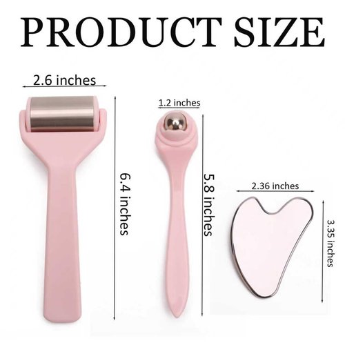JACCOBEE Ice Roller for Face&Eyes with Gua Sha Facial Tool, 3-Pcs Stainless Steel Facial Massage Tool Sets for Face Jawline Shaper, Double Chin Reducer, Puffiness Reducing, Lymphatic Drainage