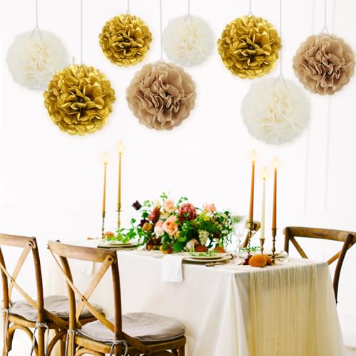 White Gold Tissue Hanging Paper Flower Ball Decorations Set - 13 Packs for Party & Events