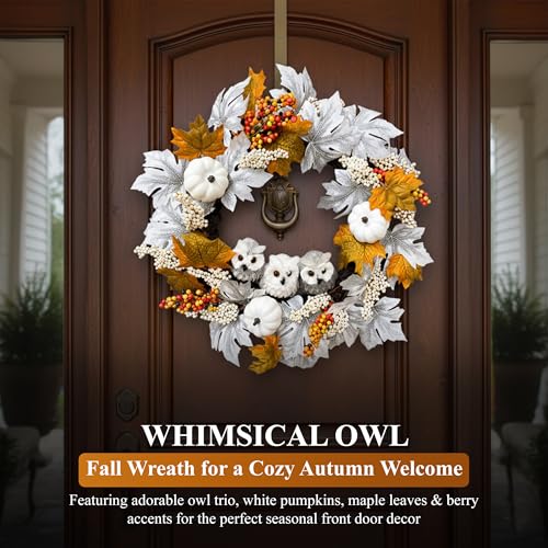 21-Inch Fall Owl Wreath with Pumpkins & Maple Leaves for Front Door Halloween Thanksgiving