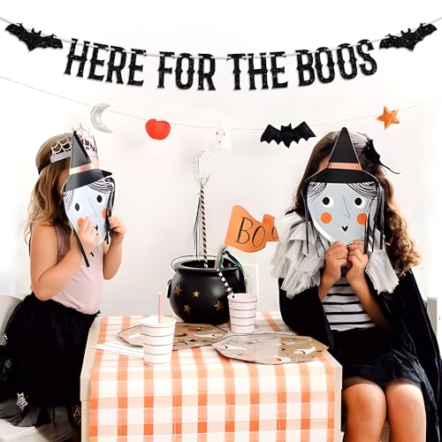 Halloween Bunting Banner - Haunted House Bat & 'Here for The Boos' Glitter Garland
