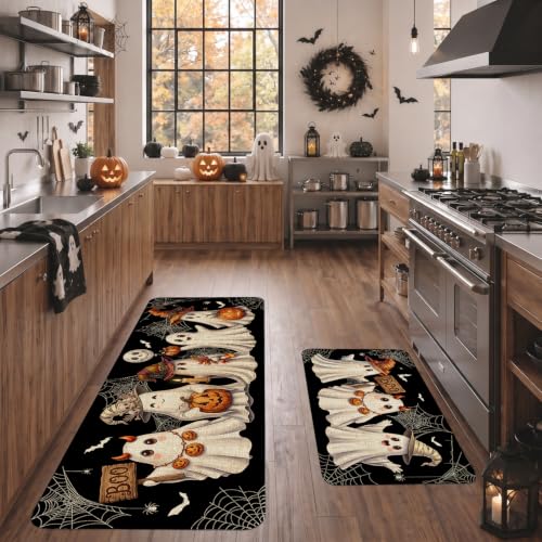 Halloween Ghost Kitchen Mat Decor Set of 2 - Black Ghost Indoor Rugs for Halloween