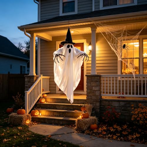 Outdoor Swinging Ghost Halloween Decor with LED Lights, Weather-Resistant Fabric