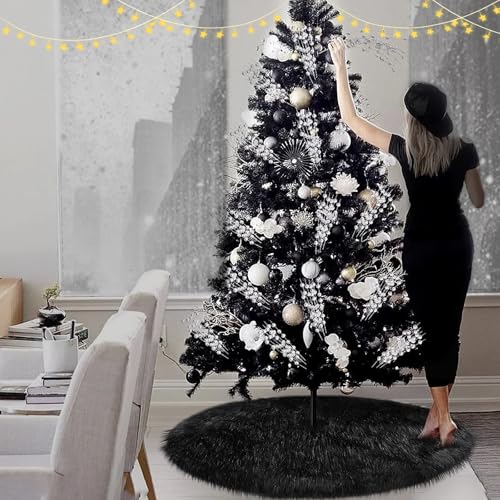 Black Christmas Tree Skirt 48 Inch Fluffy Faux Fur Halloween Holiday Decor