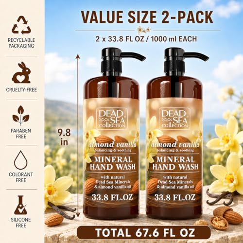 Dead Sea Collection Almond Vanilla Hand Soap Pump - Moisturizing Liquid with Dead Sea Minerals, Pack of 2