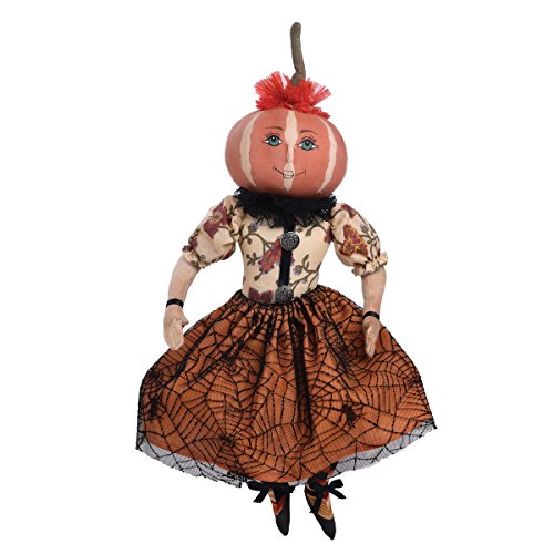 Halloween Pumpkin Girl Decor - Whimsical Pumpkin Head Figurine with Spider Web Dress - Orange, 18in