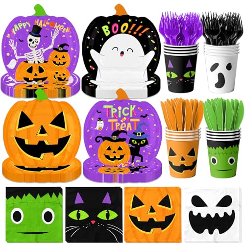 Halloween Paper Plates Napkins Cups Forks Party Supplies 144Pcs Spooky Decor