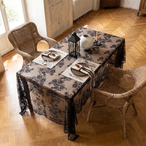 Black Lace Tablecloth 60x120 Inches - 2 Pieces Rectangular Halloween Party Decor