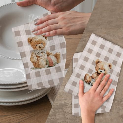 Checkered Rustic Bear Nursery Kitchen Towels Set of 2 - Neutral Baby Hand Towels