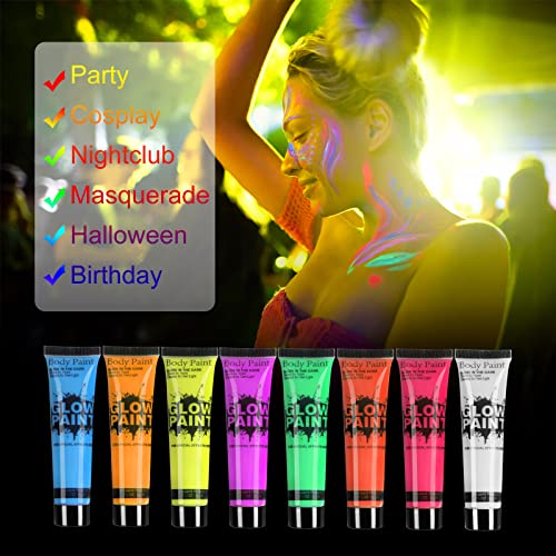 UV Blacklight Neon Face & Body Paint Set - 8 Colors, Washable, Glow in Dark