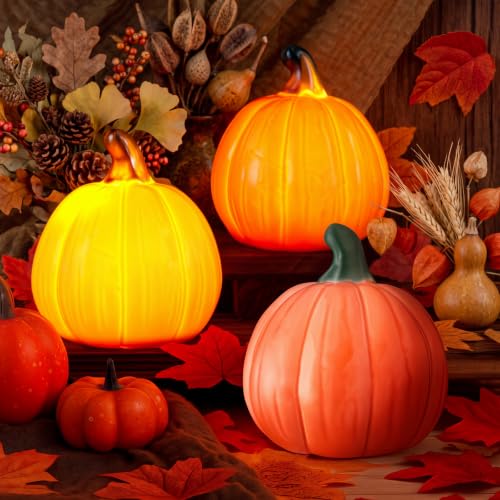 3 Pack Fall Ceramic Light Up Pumpkin Decor - Pumpkin Color, 3.94 x 3.5 Inches