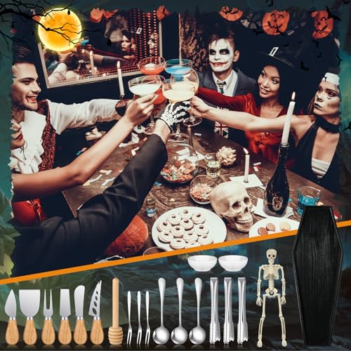 Halloween Coffin Charcuterie Board Set with Skull Stand and Utensils - 32 Inch Spooky Serving Platter