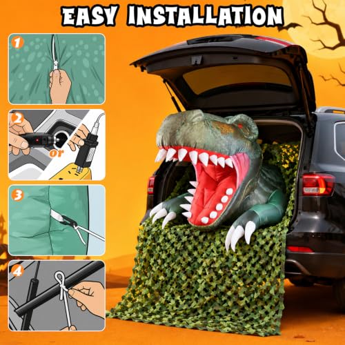 Halloween Inflatable T-Rex Car Decor Kit with LED Lights and Interactive Candy Pouch - 4FT