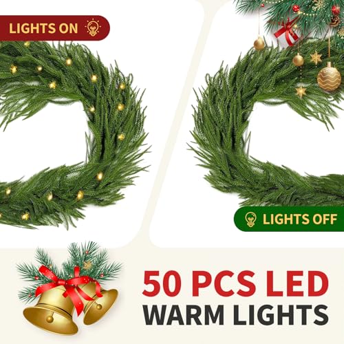 6.6 FT Artificial Norfolk Pine Garland with Built-in LED Lights for Indoor Outdoor Christmas Decor