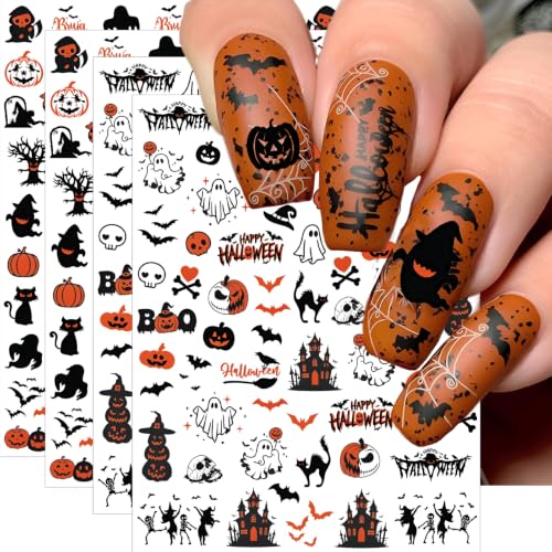 Halloween Nail Stickers Set - 4 Sheets Cute Ghost Pumpkin Bat Decals with Variation Halloween 4 Sheets