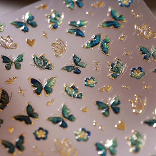 Butterfly Nail Stickers-4 Self-Adhesive 3D Embossed Green Gold Butterfly Designs