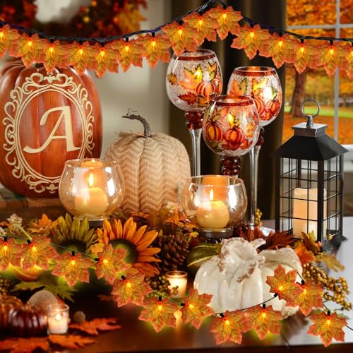GOOTHY Orange Maple Leaf String Lights for Fall & Halloween Decor - 13.6Ft Outdoor LED Garland with 35 Leaves - Variation: Orange Leaf
