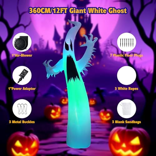 12FT Halloween Inflatable Ghost Decoration with RGB LED Lights for Garden & Yard