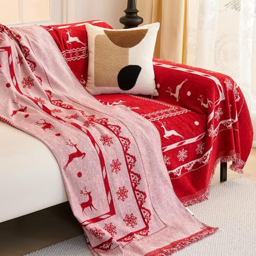 Christmas Sofa Cover with Tassels for 2-3 Cushion Couch - Red XX-Large 71x134 Inches