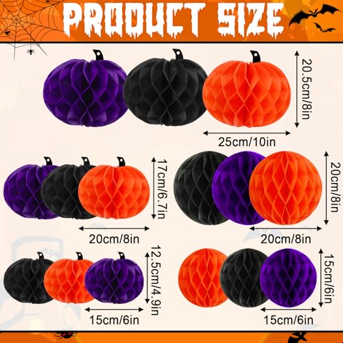 Halloween Honeycomb Hanging Decorations Set - Orange Purple Black, 15 Pieces - Halloween Style