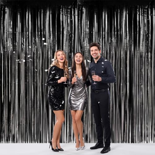 Black Tinsel Curtain Backdrop - 2 Pack PET Fringe Panels, 3.3 x 6.6 FT - Black Variation