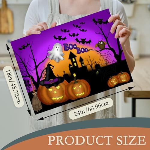 Halloween Pumpkin Dish Drying Mat for Kitchen Counter Decor - Ghost Bats Night Variation - Absorbent Microfiber, Reversible 18x24 Inch