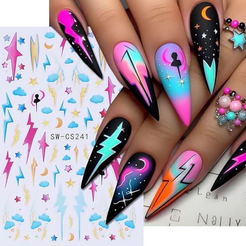 Lightning Nail Art Stickers - 3D Self-Adhesive Colorful Lines & Stars, Lightning Lines Variation