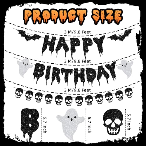 Halloween Birthday Banner Set - Glitter Paper Garland with Bats Skulls Ghosts