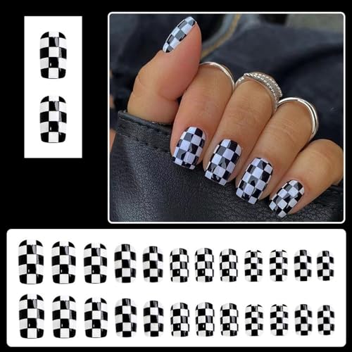 Press on Nails Short Square Black White Checkerboard Design - Style 11