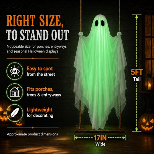 Green Lighted Hanging Ghost Decor with Remote Control - 5FT Outdoor Halloween Spirit