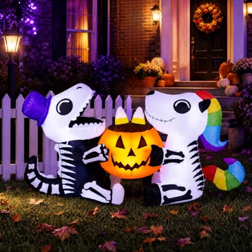 6 Ft Inflatable Sitting Skeleton Dinosaur with Pumpkin Halloween Yard Decor