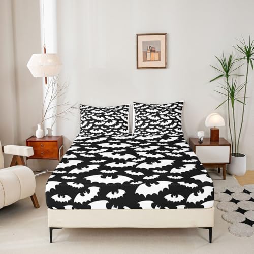 Halloween Bat Bedding Set Full Size - Glitter Stars Galaxy Kids Bed Sheets with Variation Multi 45