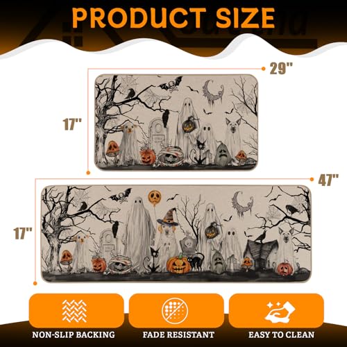 Halloween Boo Dog Ghost Decorative Kitchen Rugs Set of 2, 17x29 & 17x47 Inch - Multi-Color